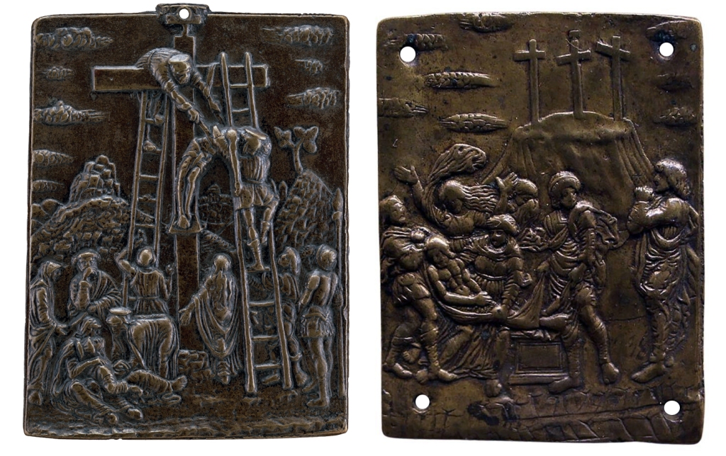 Bronze plaquette of the Deposition from the Cross by the Corn-Ear Master, after Andrea Mantegna, late 15th century, Mantua (?) (left; National Gallery of Art, DC, inv. 1957.14.368); Bronze plaquette of the Entombment by the Corn-Ear Master, after Andrea Mantegna, late 15th century, Mantua (?) (right; Museo Nazionale del Bargello)