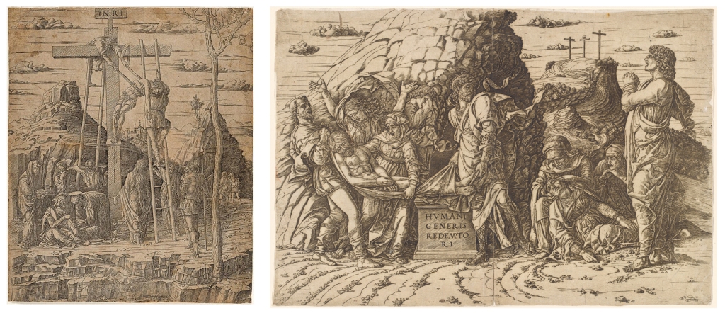 Engraved print of the Deposition from the Cross, attributed to Andrea Mantegna, ca. 1465 (left; Art Gallery of New South Wales, inv. 8512); Engraved print of the Entombment, attributed to Andrea Mantegna, ca. 1470-75 (right; National Gallery of Art, DC., inv. 1986.98.1)